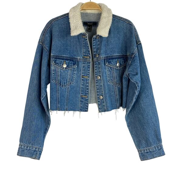 Forever 21 Y2K Cropped Denim Jacket Women S Blue Sherpa Collar Boyfriend Raw Hem - Picture 1 of 8